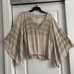 KHUSH Boho Tie Dye Bell Sleeve Top Large Beige Rayon V-Neck Festival Beach